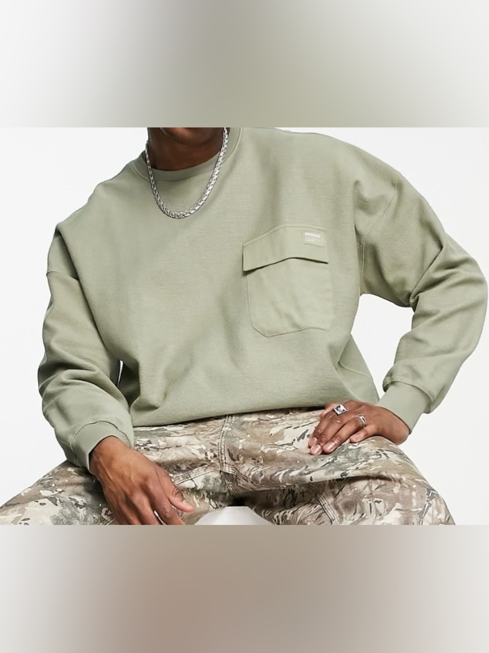 ASOS Sage Green Crewneck Long Sleeve with Chest Pocket